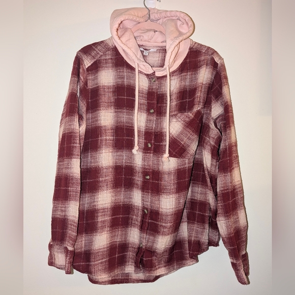 Time and Tru Button Down Hooded Flannel Shirt in Cherry Blossom Size XL - Picture 2 of 3